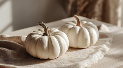 Citrouilles blanches minimalistes &eacute;clair&eacute;es par la lumi&egrave;re naturelle sur une table en bois, ambiance automnale douce et scandinave