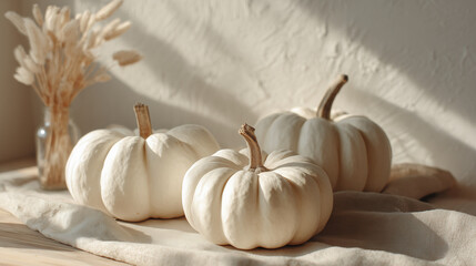 Citrouilles blanches minimalistes &eacute;clair&eacute;es par la lumi&egrave;re naturelle sur une table en bois, ambiance automnale douce et scandinave