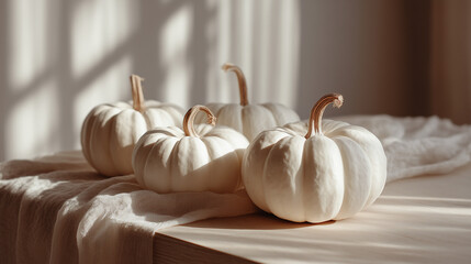 Citrouilles blanches minimalistes &eacute;clair&eacute;es par la lumi&egrave;re naturelle sur une table en bois, ambiance automnale douce et scandinave