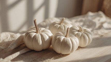 Citrouilles blanches minimalistes &eacute;clair&eacute;es par la lumi&egrave;re naturelle sur une table en bois, ambiance automnale douce et scandinave