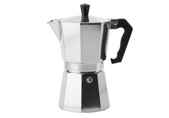 Silver stovetop espresso maker isolated, Italian moka pot for coffee brewing at home or camping, no background