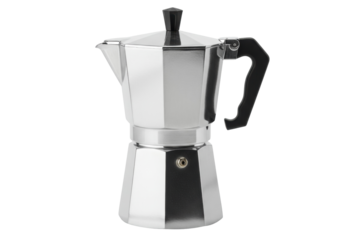 Silver stovetop espresso maker isolated, Italian moka pot for coffee brewing at home or camping, no background