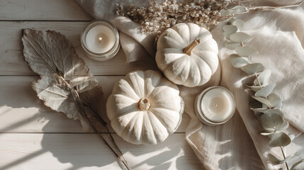 Composition automnale minimaliste avec citrouilles blanches, bougies et feuillages s&eacute;ch&eacute;s sur fond clair, style scandinave hygge