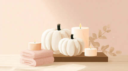 D&eacute;coration d&rsquo;Halloween minimaliste scandinave avec citrouilles blanches et bougies sur fond neutre, ambiance automnale douce et hygge