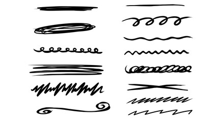 Collection of Hand-Drawn Black Line Art Underlines and Scribbles, Vector Illustration Isolated on White Background, Transparent Image.