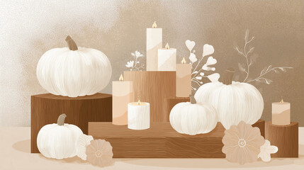 D&eacute;coration d&rsquo;Halloween minimaliste scandinave avec citrouilles blanches et bougies sur fond neutre, ambiance automnale douce et hygge