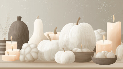 D&eacute;coration d&rsquo;Halloween minimaliste scandinave avec citrouilles blanches et bougies sur fond neutre, ambiance automnale douce et hygge