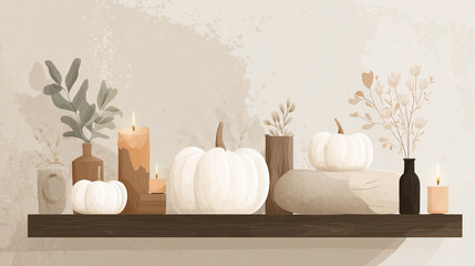 D&eacute;coration d&rsquo;Halloween minimaliste scandinave avec citrouilles blanches et bougies sur fond neutre, ambiance automnale douce et hygge