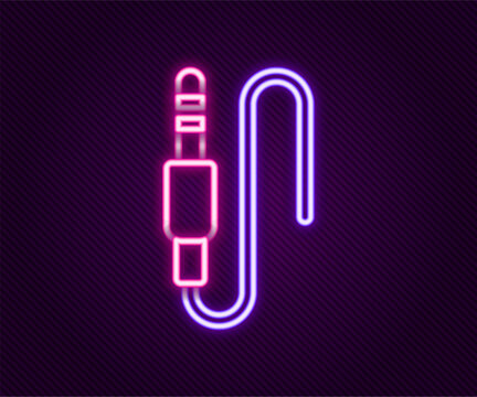 Glowing neon line Audio jack icon isolated on black background. Audio cable for connection sound equipment. Plug wire. Musical instrument. Colorful outline concept. Vector