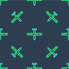 Obraz premium Line Metallic nail and wood plank icon isolated seamless pattern on blue background. Vector