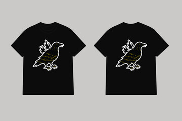 Black crow with yellow accents on t shirt bird