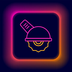 Fototapeta premium Glowing neon line Electric circular saw with steel toothed disc icon isolated on black background. Electric hand tool for cutting wood or metal. Colorful outline concept. Vector