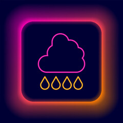 Glowing neon line Cloud with rain icon isolated on black background. Rain cloud precipitation with rain drops. Colorful outline concept. Vector