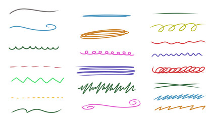 Collection of colorful hand-drawn doodle underlines on white background, transparent image for graphic design elements and creative illustration projects.