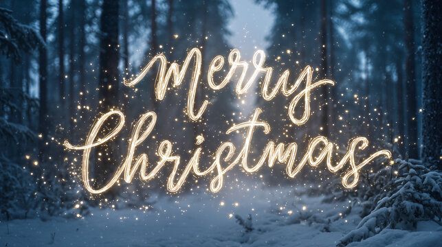 Glowing handwritten "merry christmas" text floating in a snowy forest at twilight, surrounded by sparkling fairy lights, creating a magical festive winter atmosphere