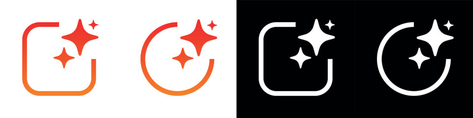 Gradient red orange magic sparkle icons collection with rounded square and circle frames on transparent background minimal vector style isolated on black and white clean modern glossy design