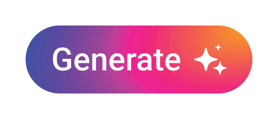 Colorful pink purple orange gradient generate button with sparkles icon, rounded vector UI element with white text, modern digital interface design isolated on transparent background tech platforms