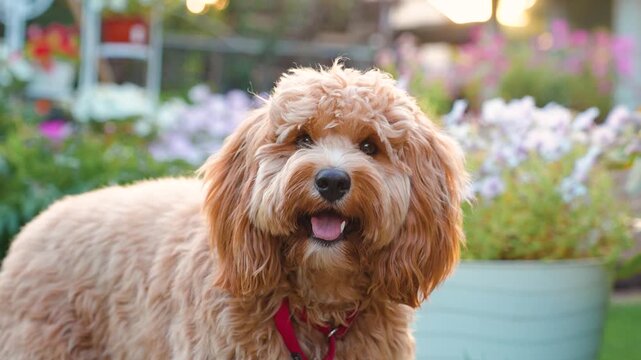 A portrait of a charming curly brown goldendoodle dog of breed Cavapoo outdoor in summer in green park.