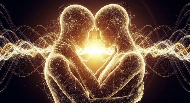 Two luminous, interconnected human figures embrace, bathed in radiant golden light and surrounded by flowing energy waves, symbolizing profound connection and spiritual unity.