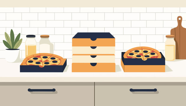 Pizza delivery boxes on a kitchen counter. Flat design vector illustration of fast food. Pizzeria takeout and food service concept