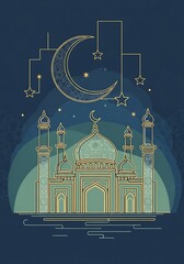 Elegant Mosque Illustration with Crescent Moon and Stars for Ramadan.