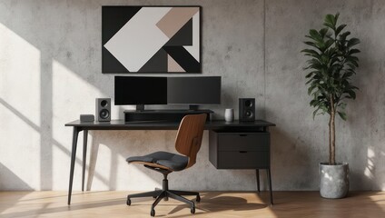Modern home office setup with monitors, desk, chair, speakers, art, and plant against a concrete wall