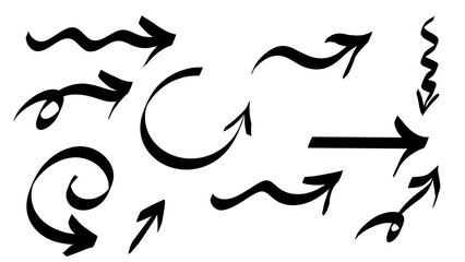 Hand-drawn Black Arrow Set Vector Illustration on White Background, Directional Arrows, Curved and Straight Styles - Transparent PNG