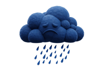 Sad blue rain cloud PNG isolated on transparent background, weather concept for graphic design and emotional expression