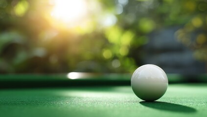 A single white cue ball rests on a green pool table, sunlight beaming down