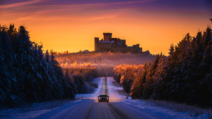 A car drives on a snow-covered road towards a majestic castle on a hill at a vibrant winter sunset....