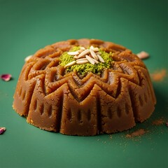 Halva Dessert with Pistachios and Almonds on Green Background.
