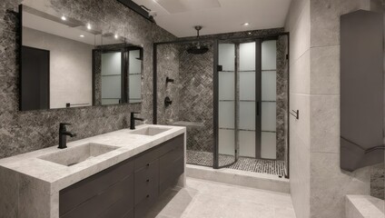 Modern bathroom with stone tile walls, double sinks, and a glass shower enclosure