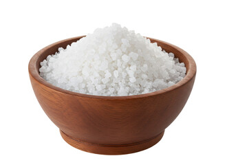 Isolated wooden bowl of sea salt coarse crystals, natural health and wellbeing concept