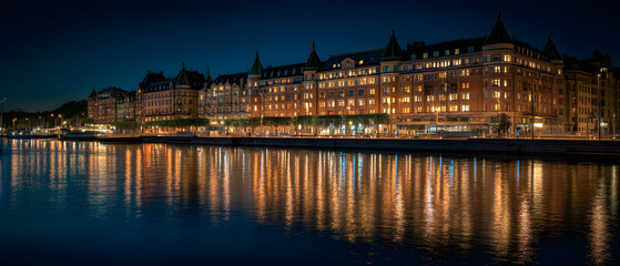 Fototapeta premium Captivating Night Glow Over Stockholm's Waterfront and Cityscape Featuring Luminous Buildings