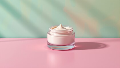 a jar of facial cream placed on a pink surface.