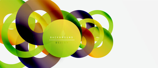 Abstract colorful circles overlap, creating dynamic visual effect. Modern design elements suggest innovation, energy, fluidity.