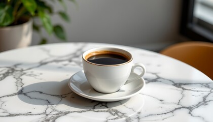 a cozy cafe setting, with the main focus being a cup of coffee sitting atop a marble table