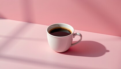 a single cup of coffee placed on a pink surface with a shadow that suggests it is near a window