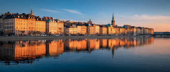 Naklejka premium Golden Sunset Reflection Over Stockholm Waterfront in Cinematic Beauty