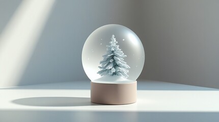 Snow-Covered Christmas Tree inside a Snow Globe on a Surface with Light Beam