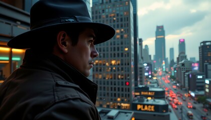 a man in a fedora is standing on a high building overlooking a cityscape at night with bright lights from buildings and streets below.