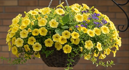 Hanging Basket Overflowing with Vibrant Yellow Calibrachoa Flowers.