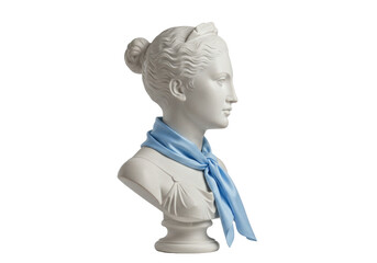 Elegant marble bust with light blue scarf isolated on transparent background, classical sculpture art in PNG format