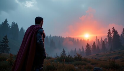 a character in a vast, open environment during what appears to be either sunrise or sunset