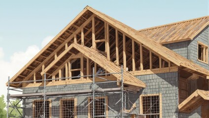 Obraz premium A partially constructed house with visible wooden framing and scaffolding