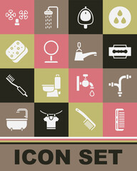 Set Hairbrush, Industry metallic pipe, Blade razor, Toilet urinal pissoir, Round makeup mirror, Sponge, Water tap and icon. Vector