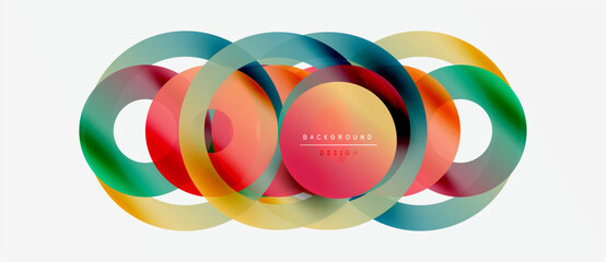 Obraz premium Abstract colorful circles overlap creating vibrant design. Gradient hues blend smoothly, forming modern background element.