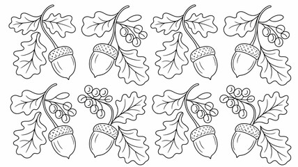 Illustration of acorns and leaves arranged in a pattern on a white background for coloring pages