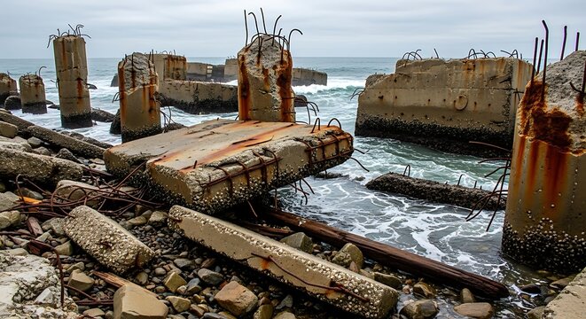 Coastal Ruins - Concrete Structures on the Shoreline. - Powered by Adobe