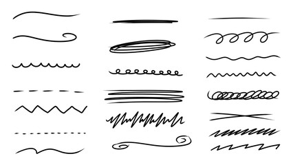 Set of hand-drawn lines, underlines, and wavy elements isolated on white background, vector illustration for design needs, transparent PNG.